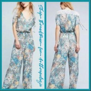 EUC. Elevenses {Anthro} Boho Floral Teal + Lace Wide Leg Jumpsuit | Medium